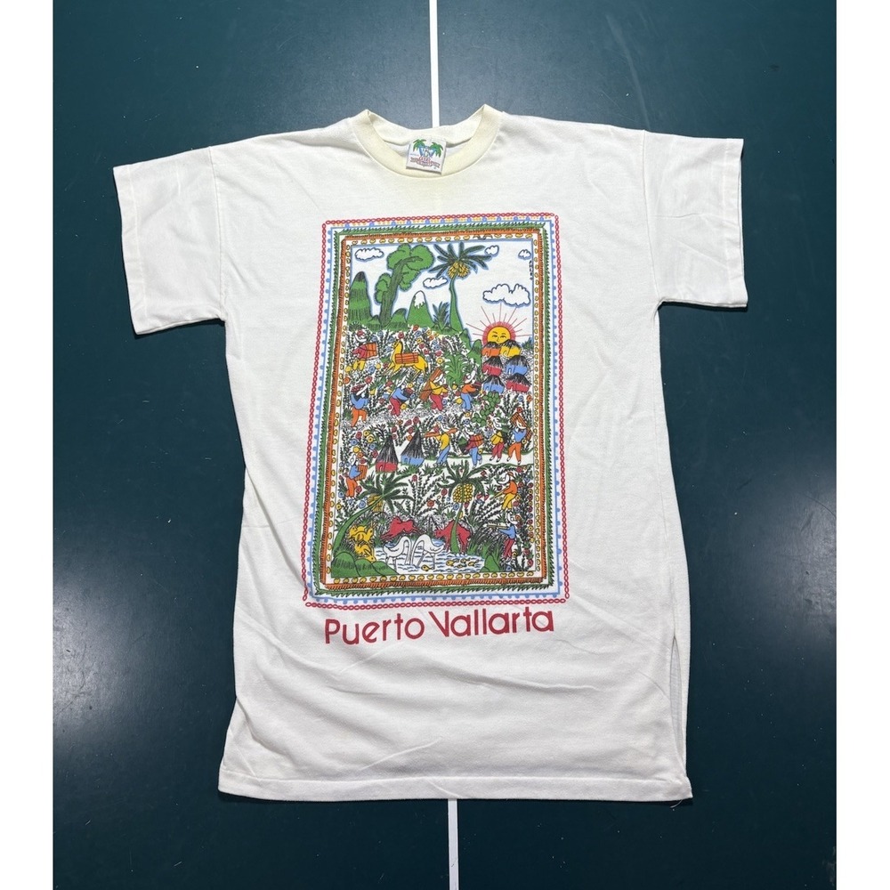 Vtg‎ 90s Puerto Vallarta Mexico T Shirt Long Bikini Coverup OS Art Nature Beach